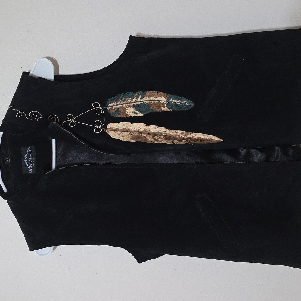 Montanaco Butte Montana Womens Vest Suede Embroidered Feathers Black Size M - Picture 3 of 7